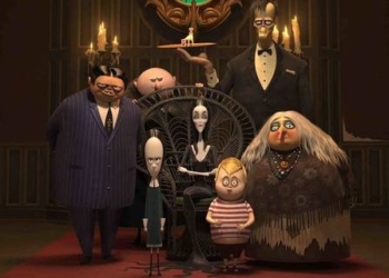 (L to R) Oscar Isaac as the voice of Gomez Addams, Chloë Grace Moretz as the voice of Wednesday Addams, Nick Kroll as the voice of Uncle Fester, Charlize Theron as the voice of Morticia Addams, Finn Wolfhard as the voice of Pugsley Addams, Conrad Vernon as the voice of Lurch, and Bette Midler as the voice of Grandma in THE ADDAMS FAMILY, directed by Conrad Vernon and Greg Tiernan, a Metro Goldwyn Mayer Pictures film. Credit: Metro Goldwyn Mayer Pictures © 2019 Metro-Goldwyn-Mayer Pictures Inc. All Rights Reserved.