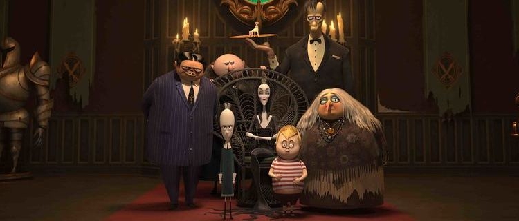 (L to R) Oscar Isaac as the voice of Gomez Addams, Chloë Grace Moretz as the voice of Wednesday Addams, Nick Kroll as the voice of Uncle Fester, Charlize Theron as the voice of Morticia Addams, Finn Wolfhard as the voice of Pugsley Addams, Conrad Vernon as the voice of Lurch, and Bette Midler as the voice of Grandma in THE ADDAMS FAMILY, directed by Conrad Vernon and Greg Tiernan, a Metro Goldwyn Mayer Pictures film. Credit: Metro Goldwyn Mayer Pictures © 2019 Metro-Goldwyn-Mayer Pictures Inc. All Rights Reserved.