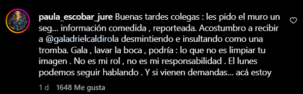 Captura respuesta Paula Escobar a Gala Caldirola