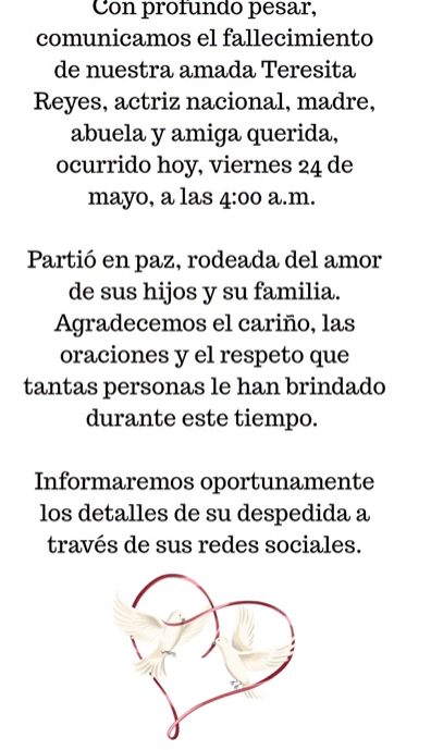 "Partió en paz»: Falleció Teresita Reyes a los 75 años