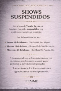 Yamila Reyna cancela shows
